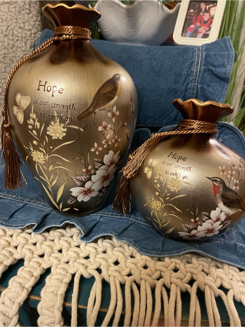 Set of 2 Songbird Decorative Vases with Tassels - Inspirational "Hope”
